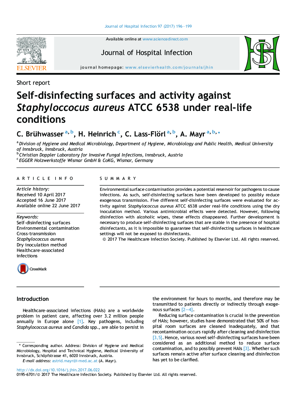 Self-disinfecting surfaces and activity against Staphyloccocus aureus ATCC 6538 under real-life conditions