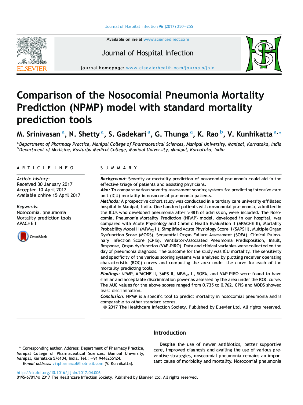 Comparison of the Nosocomial Pneumonia Mortality Prediction (NPMP) model with standard mortality prediction tools