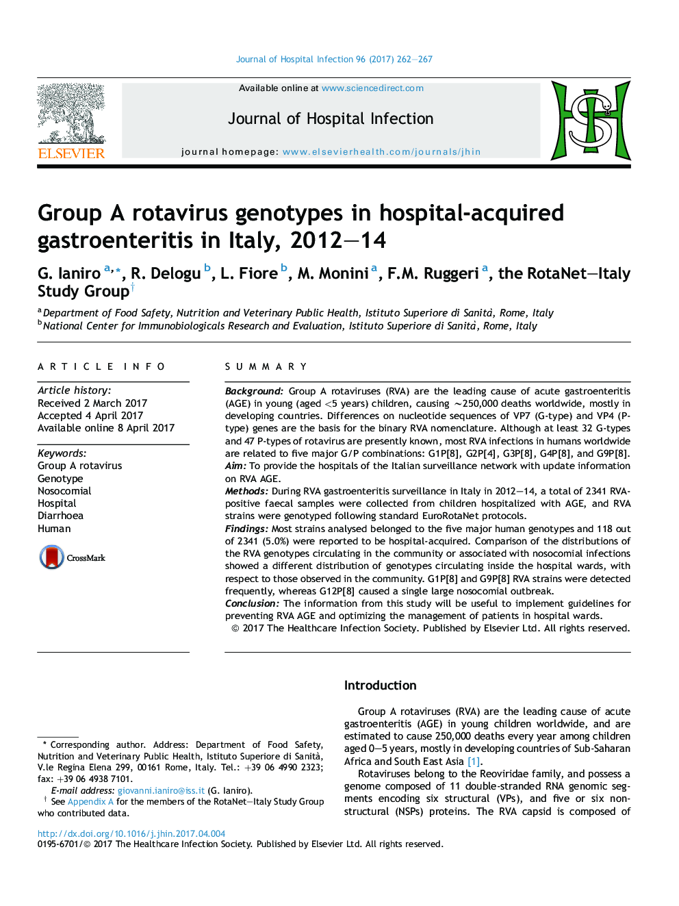 Group A rotavirus genotypes in hospital-acquired gastroenteritis in Italy, 2012-14