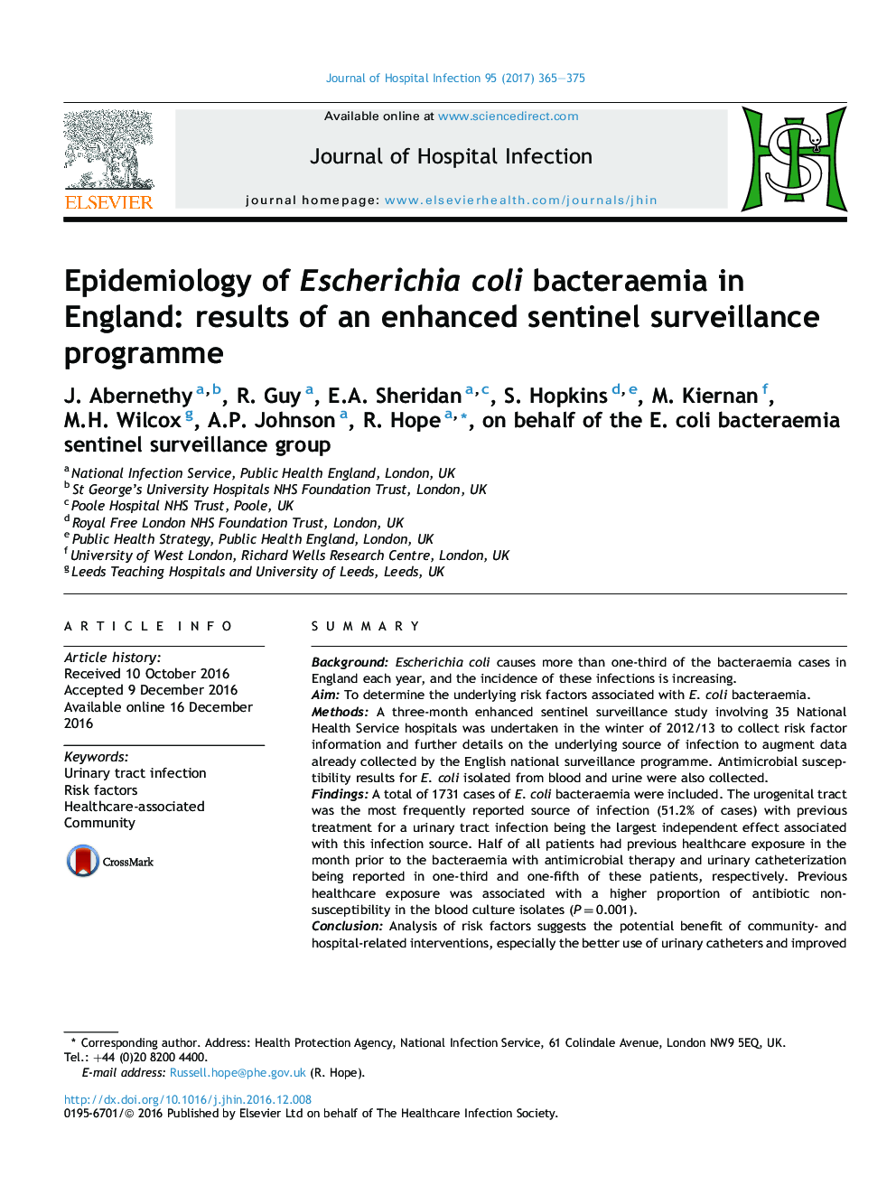 Epidemiology of Escherichia coli bacteraemia in England: results of an enhanced sentinel surveillance programme