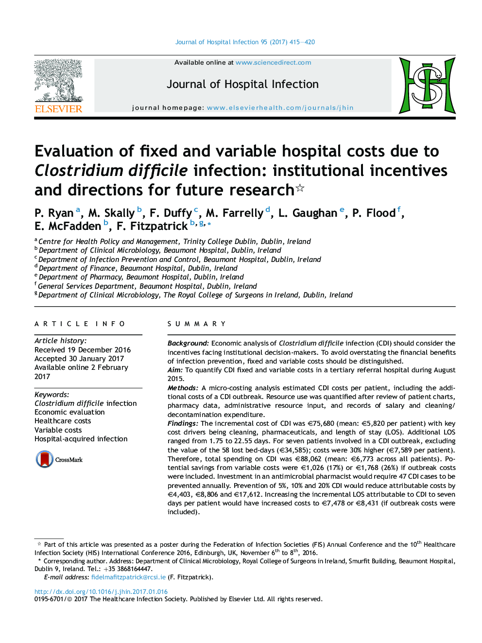 Evaluation of fixed and variable hospital costs due to Clostridium difficile infection: institutional incentives and directions for future research