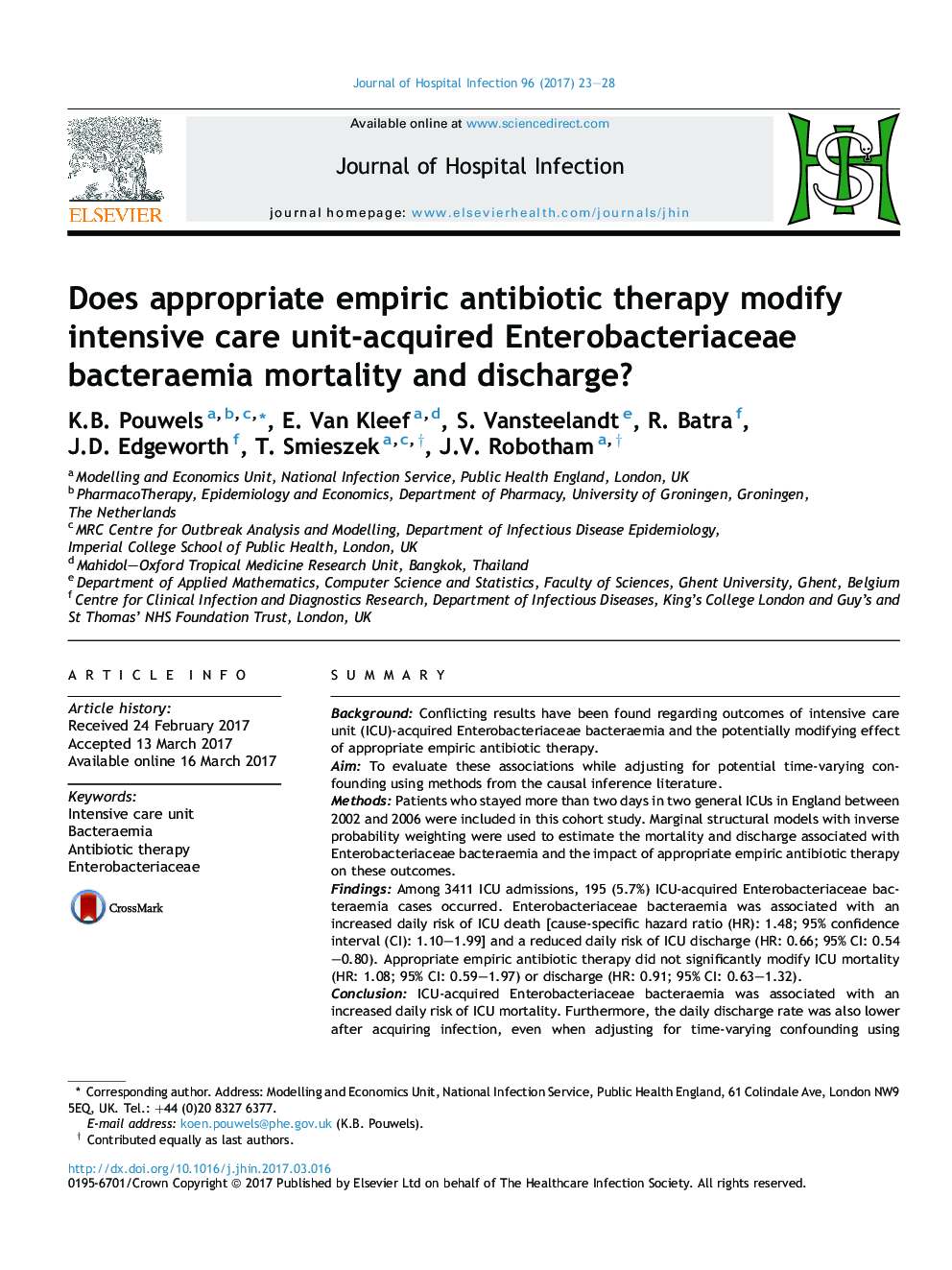 Does appropriate empiric antibiotic therapy modify intensive care unit-acquired Enterobacteriaceae bacteraemia mortality and discharge?