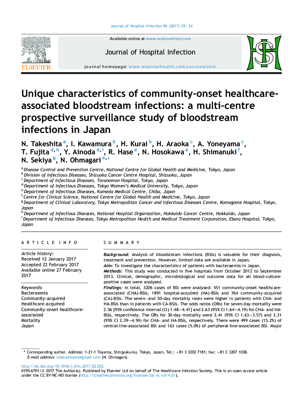 Unique characteristics of community-onset healthcare- associated bloodstream infections: a multi-centre prospective surveillance study of bloodstream infections in Japan