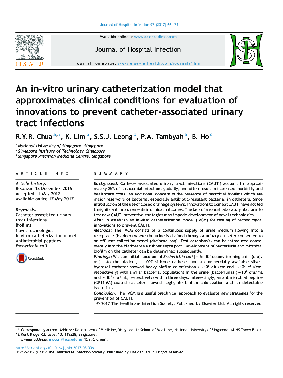 An in-vitro urinary catheterization model that approximates clinical conditions for evaluation of innovations to prevent catheter-associated urinary tract infections