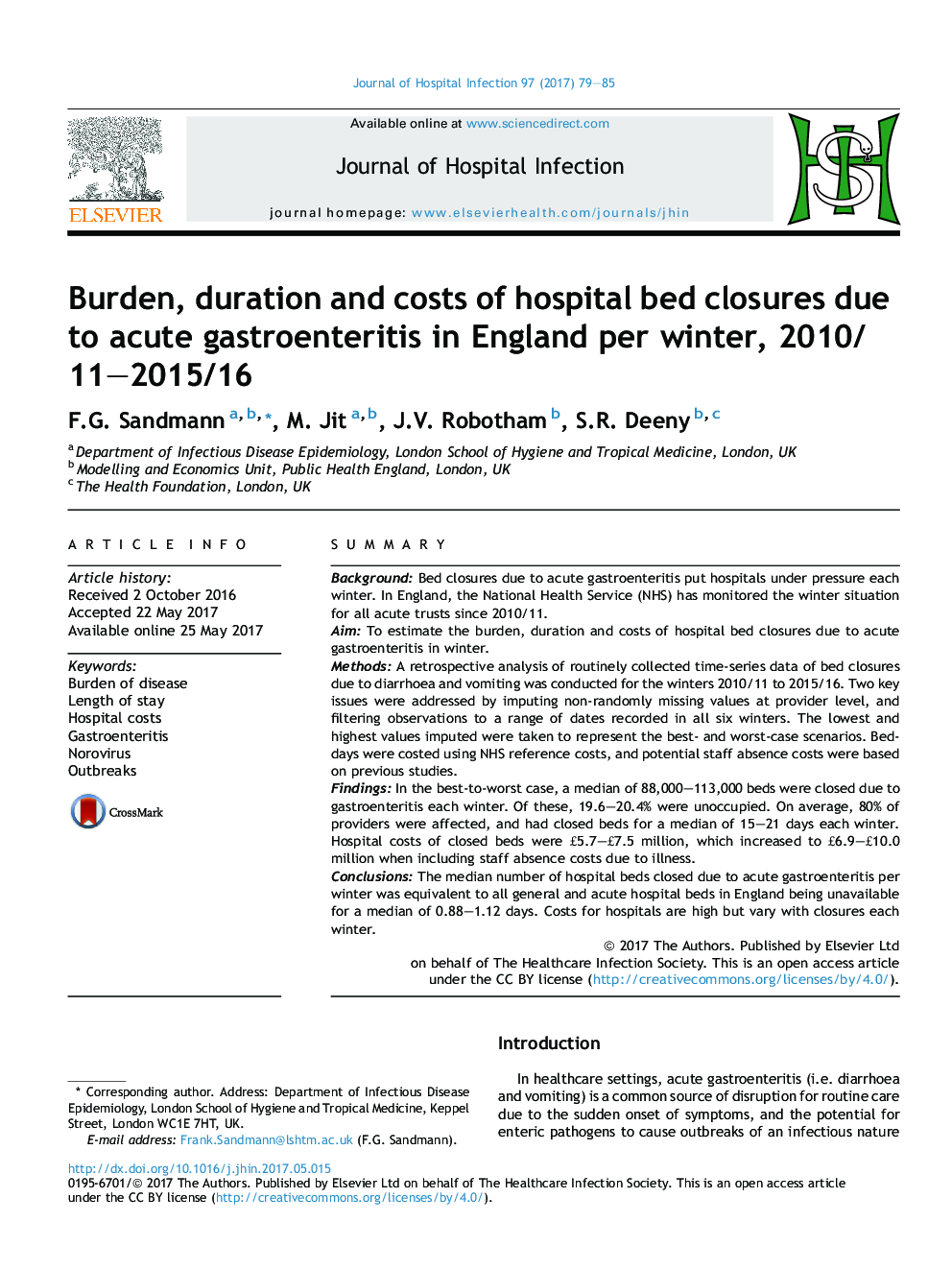 Burden, duration and costs of hospital bed closures due to acute gastroenteritis in England per winter, 2010/11-2015/16