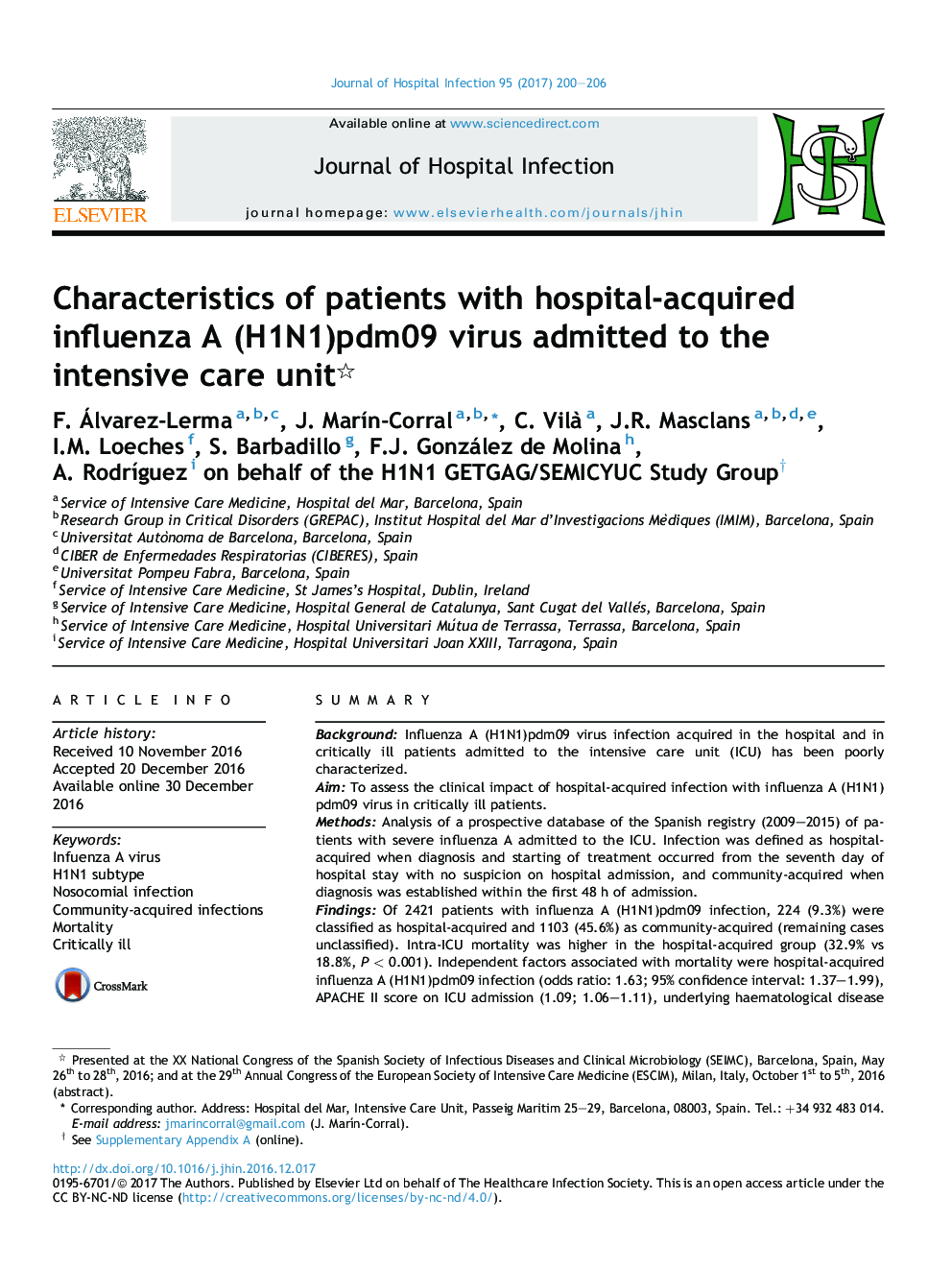 Characteristics of patients with hospital-acquired influenza A (H1N1)pdm09 virus admitted to the intensive care unit