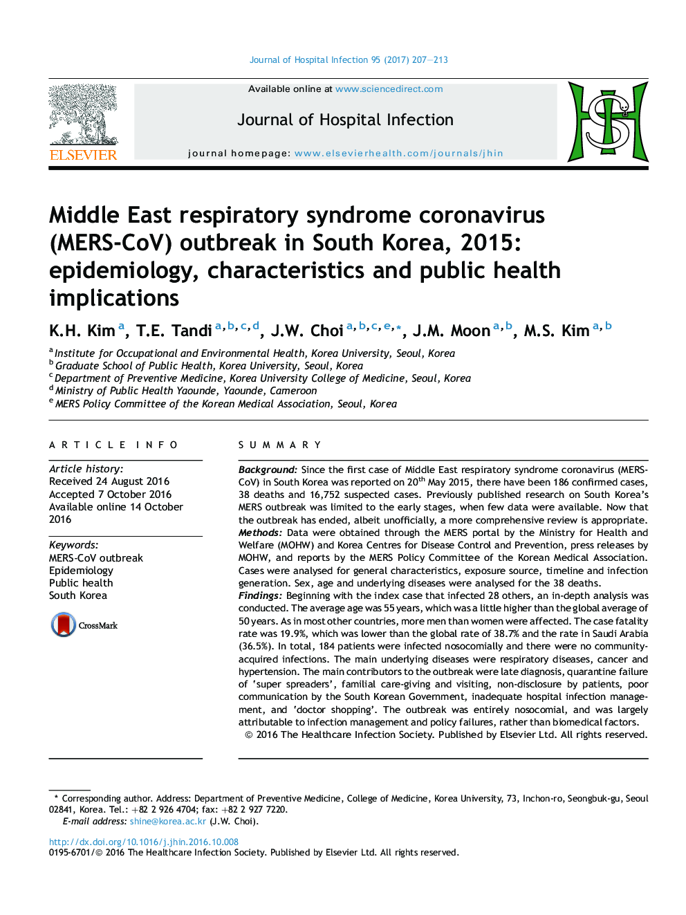 Middle East respiratory syndrome coronavirus (MERS-CoV) outbreak in South Korea, 2015: epidemiology, characteristics and public health implications