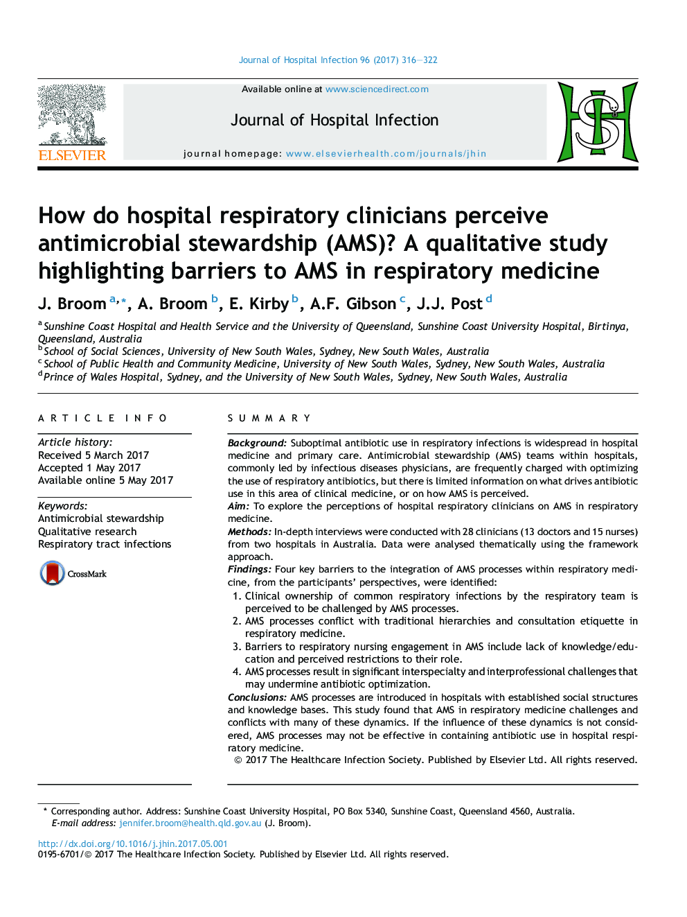 How do hospital respiratory clinicians perceive antimicrobial stewardship (AMS)? A qualitative study highlighting barriers to AMS in respiratory medicine