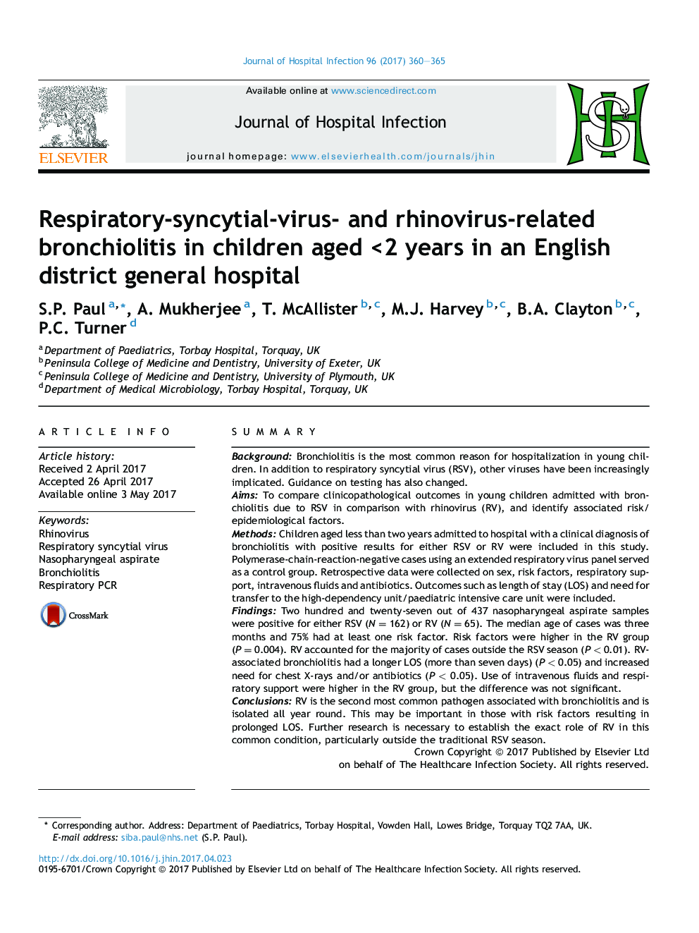 Respiratory-syncytial-virus- and rhinovirus-related bronchiolitis in children aged <2 years in an English district general hospital