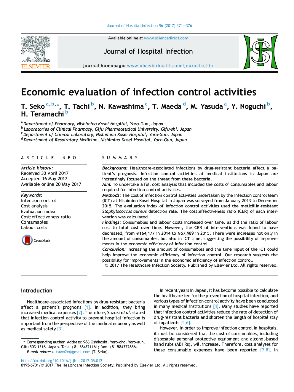 Economic evaluation of infection control activities