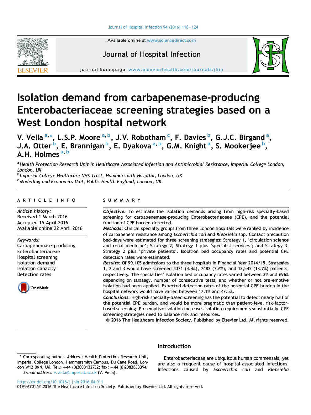 Isolation demand from carbapenemase-producing Enterobacteriaceae screening strategies based on a West London hospital network