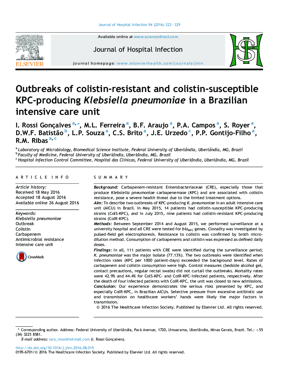 Outbreaks of colistin-resistant and colistin-susceptible KPC-producing Klebsiella pneumoniae in a Brazilian intensive care unit