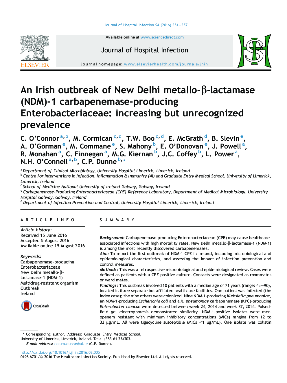 An Irish outbreak of New Delhi metallo-Î²-lactamase (NDM)-1 carbapenemase-producing Enterobacteriaceae: increasing but unrecognized prevalence