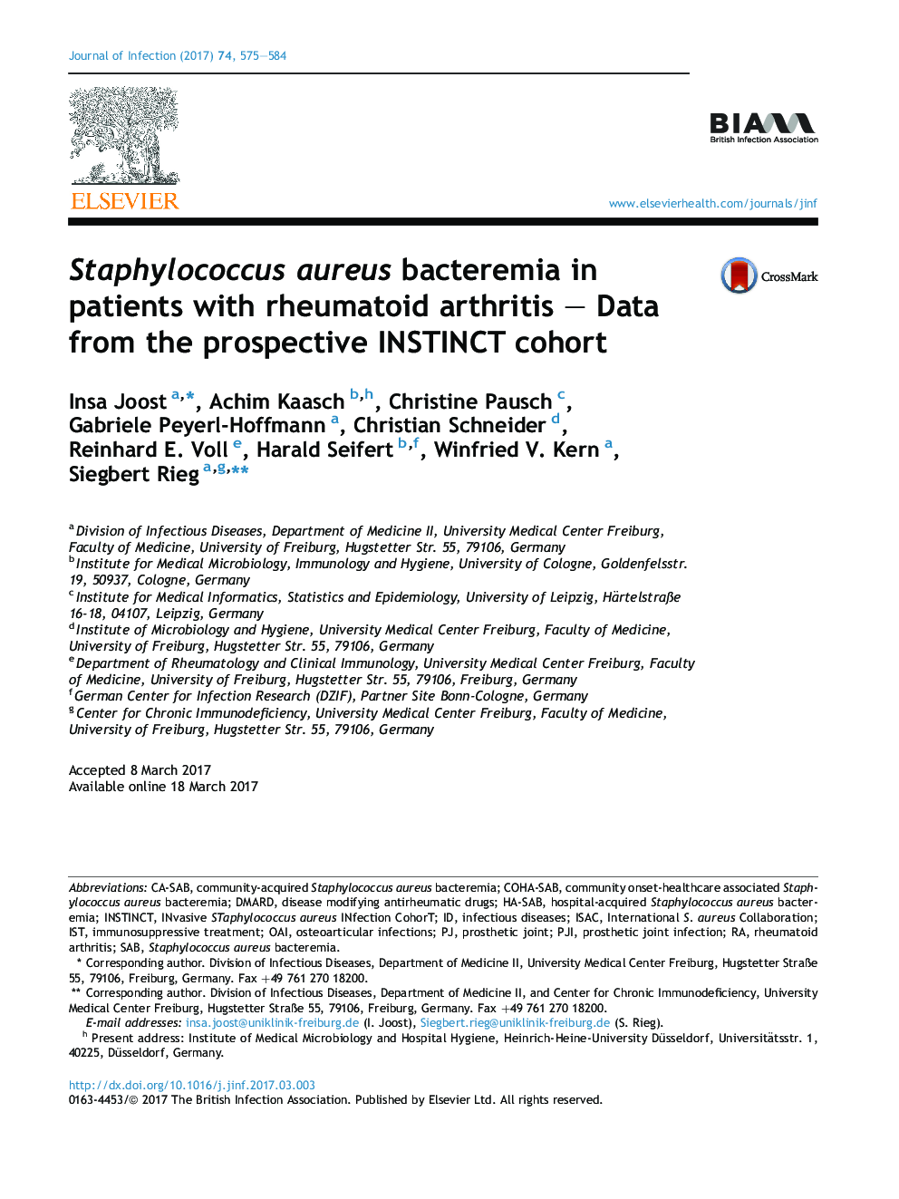 Staphylococcus aureus bacteremia in patients with rheumatoid arthritis - Data from the prospective INSTINCT cohort