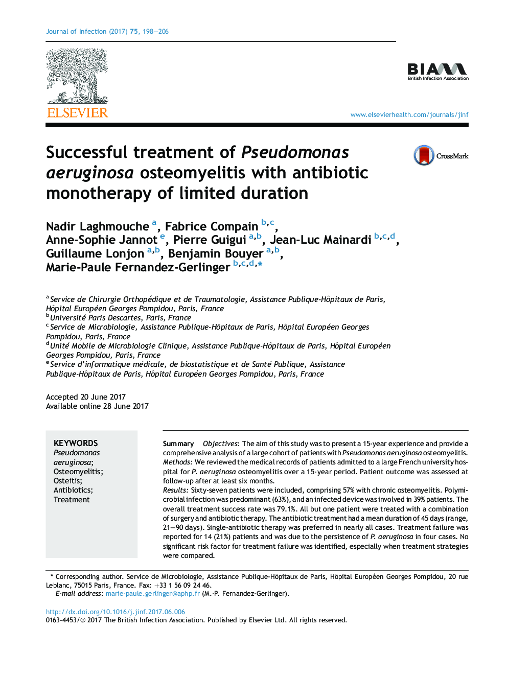 Successful treatment of Pseudomonas aeruginosa osteomyelitis with antibiotic monotherapy of limited duration