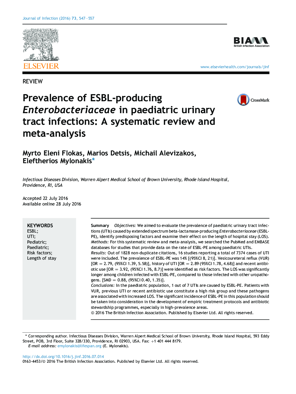 Prevalence of ESBL-producing Enterobacteriaceae in paediatric urinary tract infections: A systematic review and meta-analysis