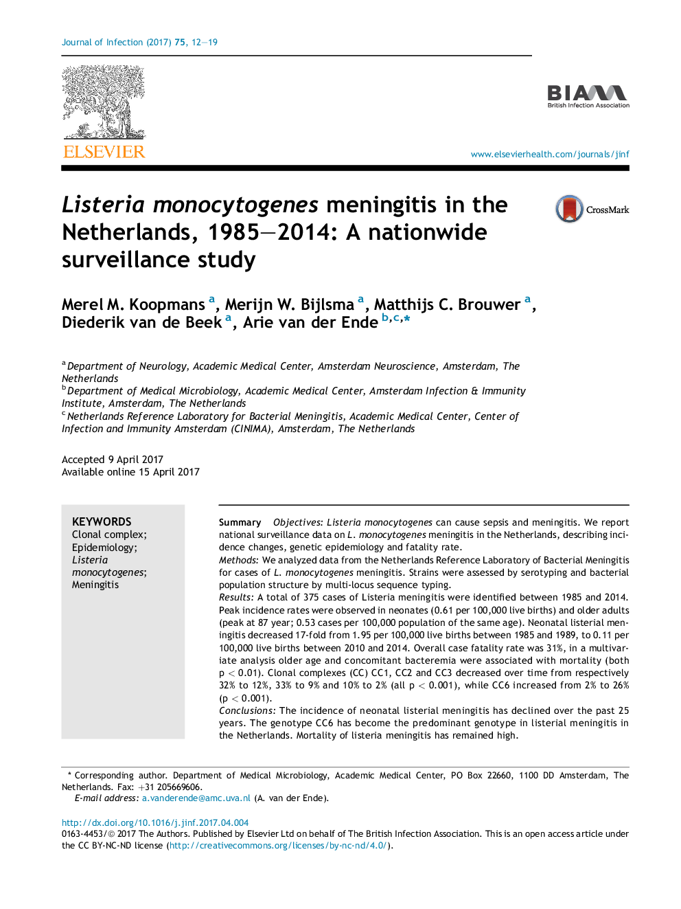 Listeria monocytogenes meningitis in the Netherlands, 1985-2014: A nationwide surveillance study