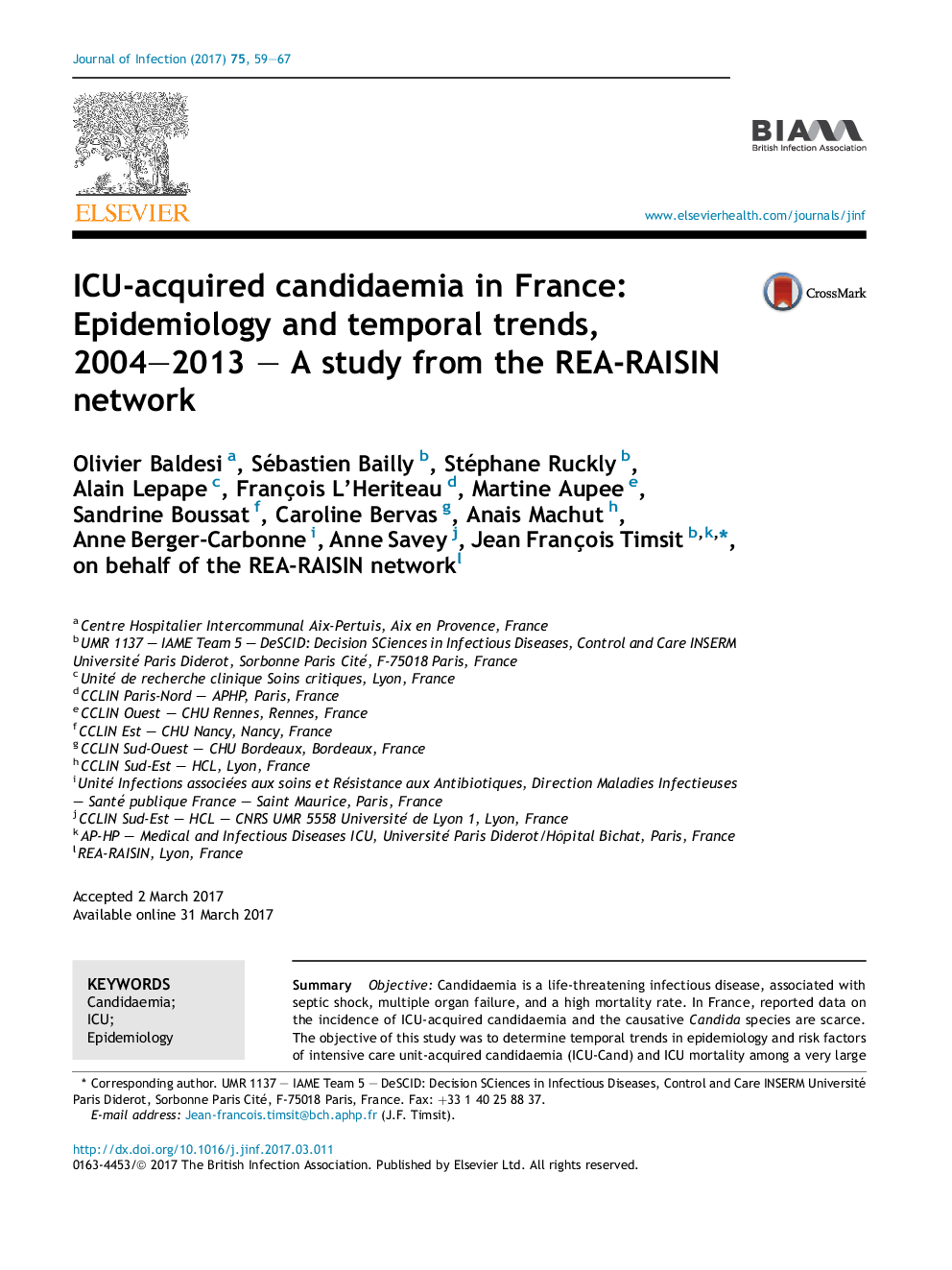 ICU-acquired candidaemia in France: Epidemiology and temporal trends, 2004-2013 - A study from the REA-RAISIN network