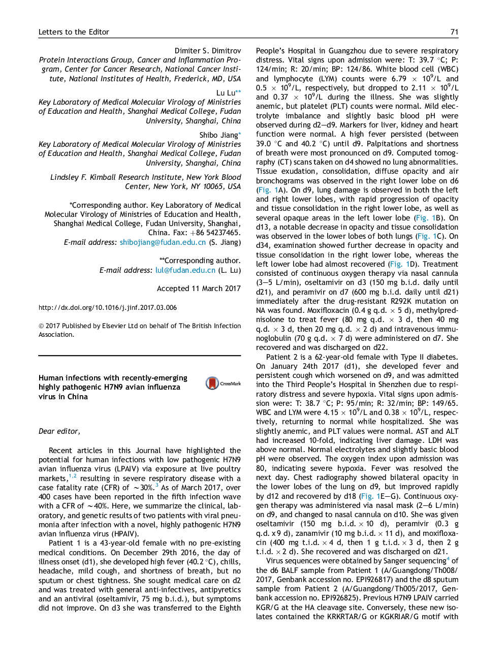 Human infections with recently-emerging highly pathogenic H7N9 avian influenza virus in China