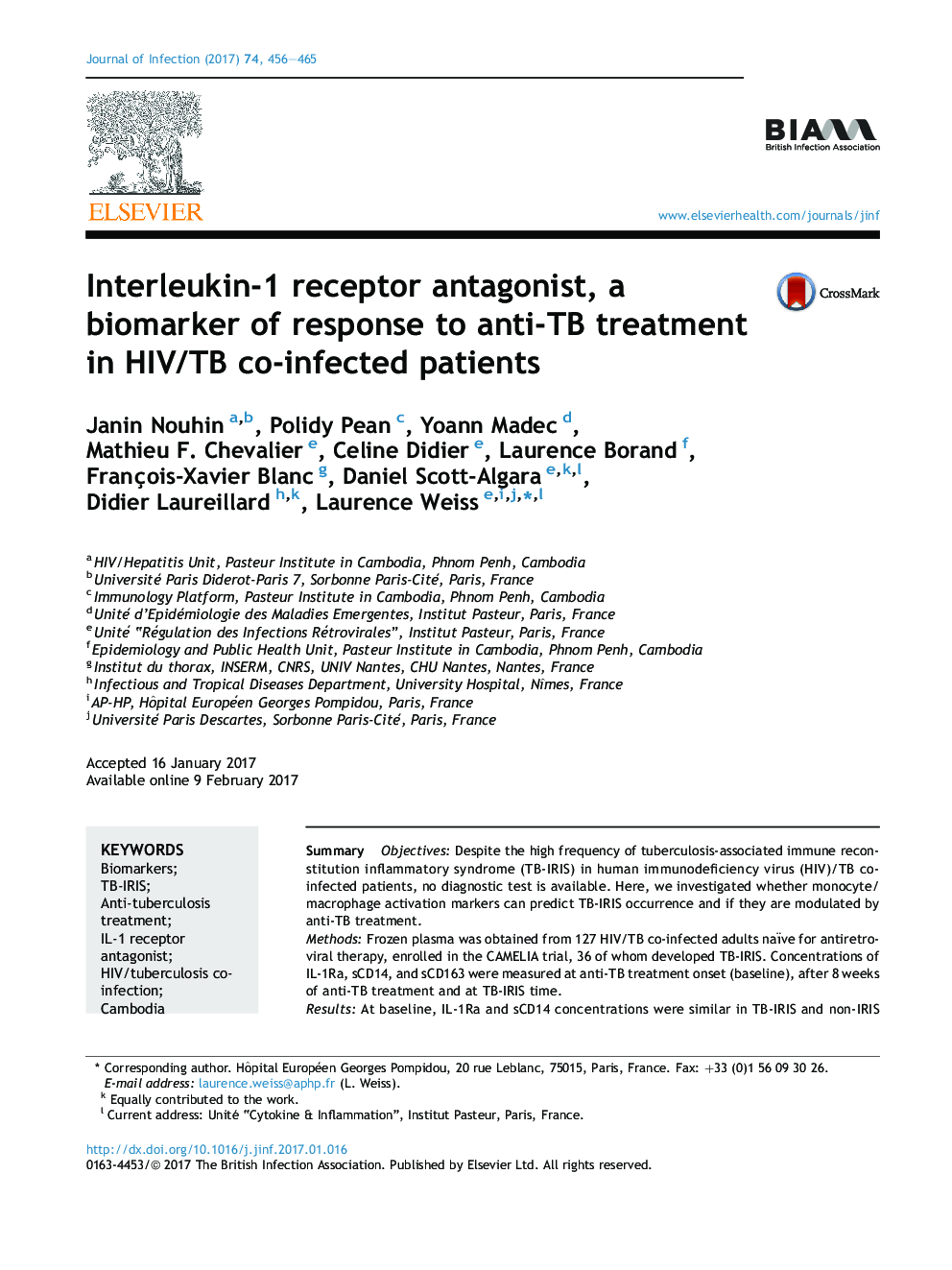 Interleukin-1 receptor antagonist, a biomarker of response to anti-TB treatment in HIV/TB co-infected patients