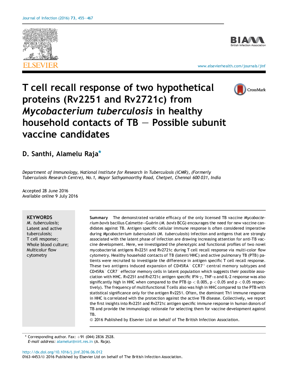 T cell recall response of two hypothetical proteins (Rv2251 and Rv2721c) from Mycobacterium tuberculosis in healthy household contacts of TB - Possible subunit vaccine candidates