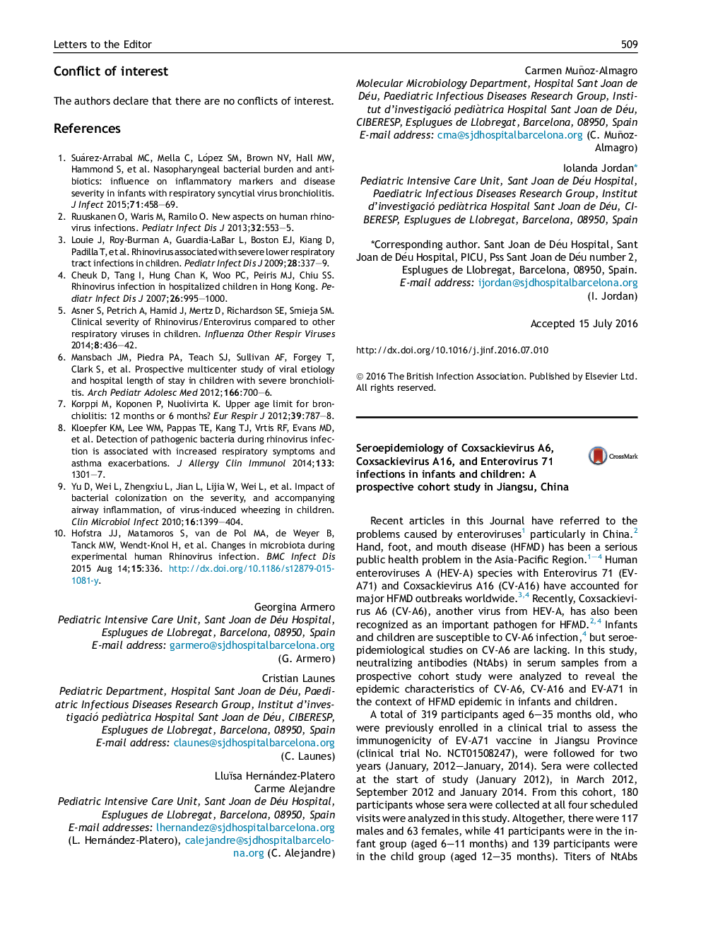 Seroepidemiology of Coxsackievirus A6, Coxsackievirus A16, and Enterovirus 71 infections in infants and children: A prospective cohort study in Jiangsu, China