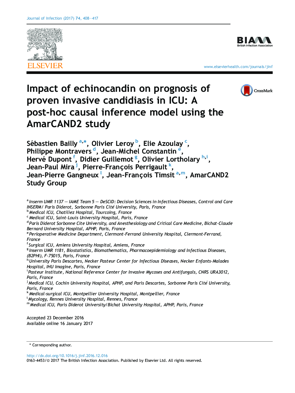Impact of echinocandin on prognosis of proven invasive candidiasis in ICU: A post-hoc causal inference model using the AmarCAND2 study