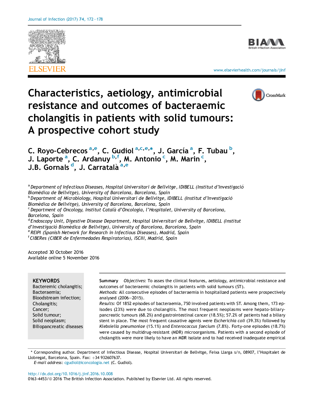 Characteristics, aetiology, antimicrobial resistance and outcomes of bacteraemic cholangitis in patients with solid tumours: A prospective cohort study