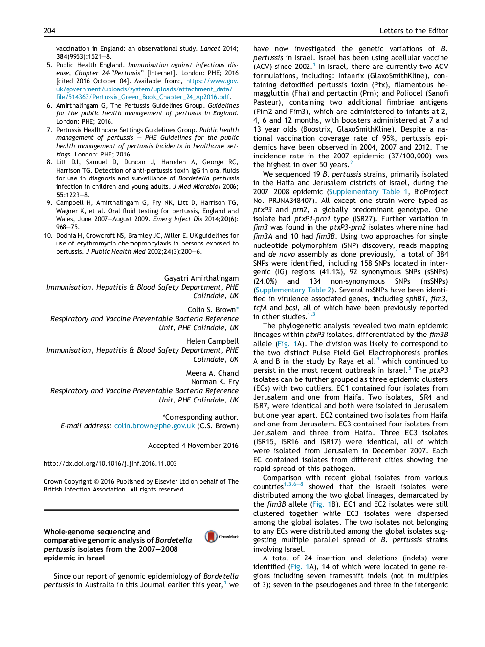 Whole-genome sequencing and comparative genomic analysis of Bordetella pertussis isolates from the 2007-2008 epidemic in Israel