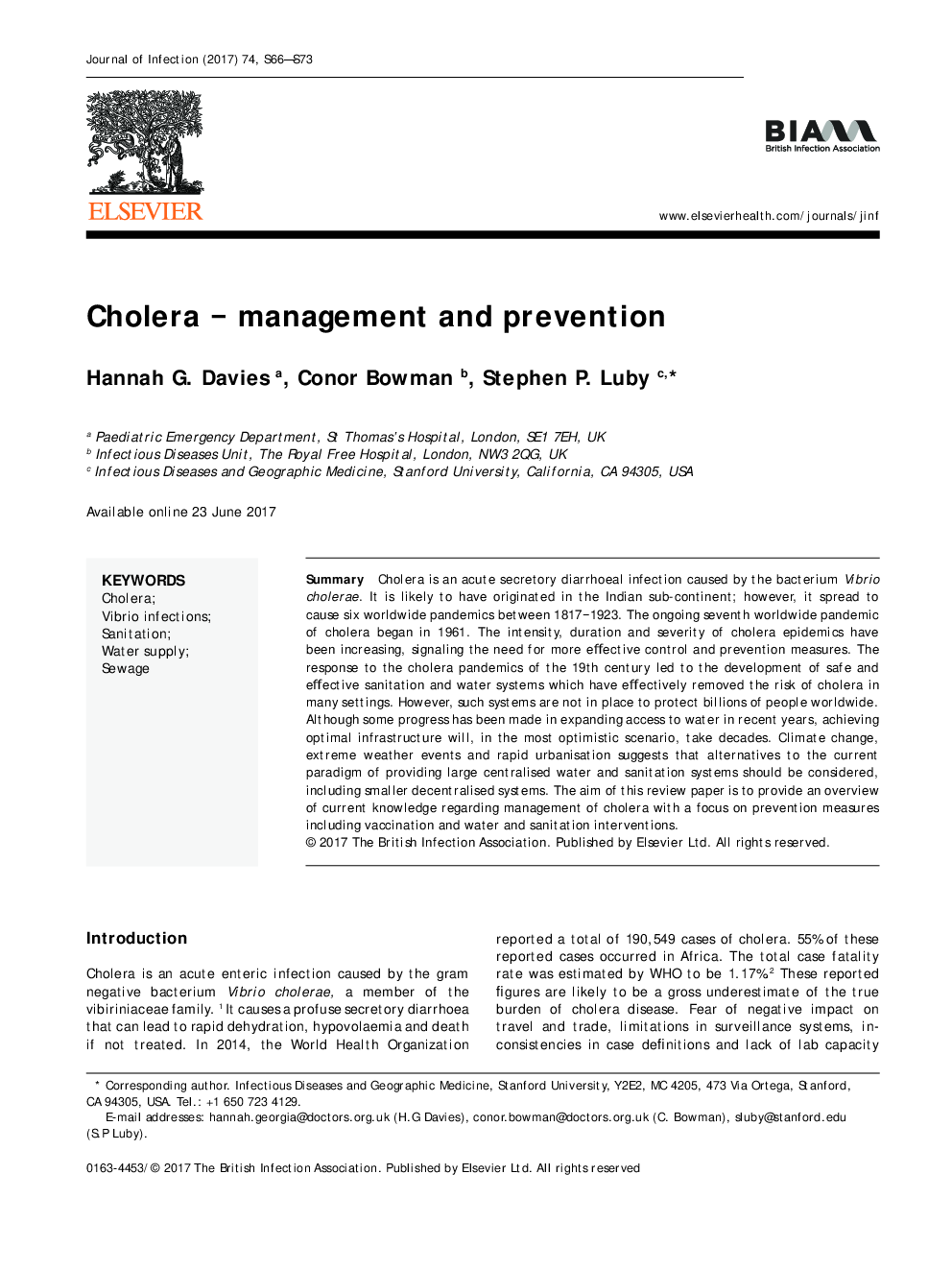 Cholera - management and prevention