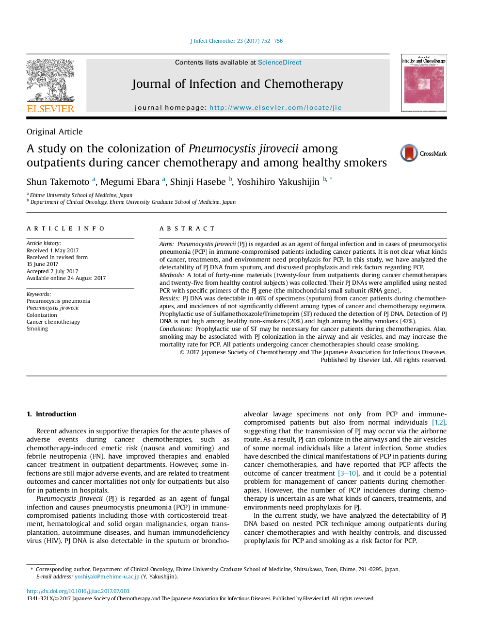 A study on the colonization of Pneumocystis jirovecii among outpatients during cancer chemotherapy and among healthy smokers