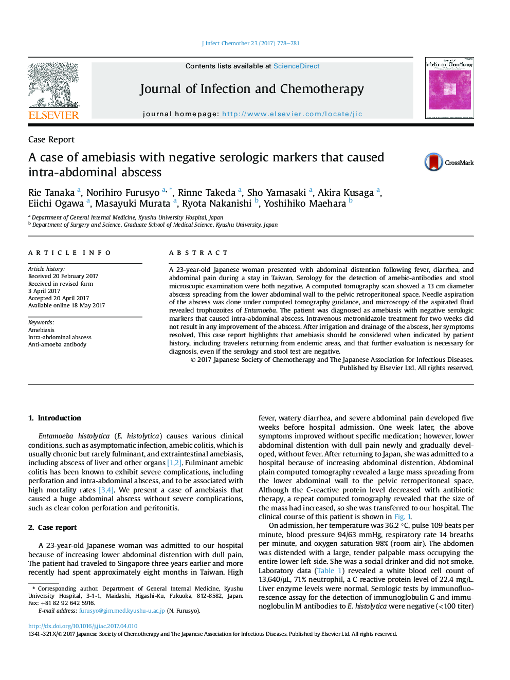 A case of amebiasis with negative serologic markers that caused intra-abdominal abscess