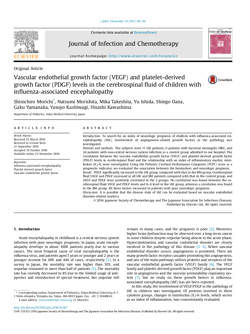 Vascular endothelial growth factor (VEGF) and platelet-derived growth factor (PDGF) levels in the cerebrospinal fluid of children with influenza-associated encephalopathy