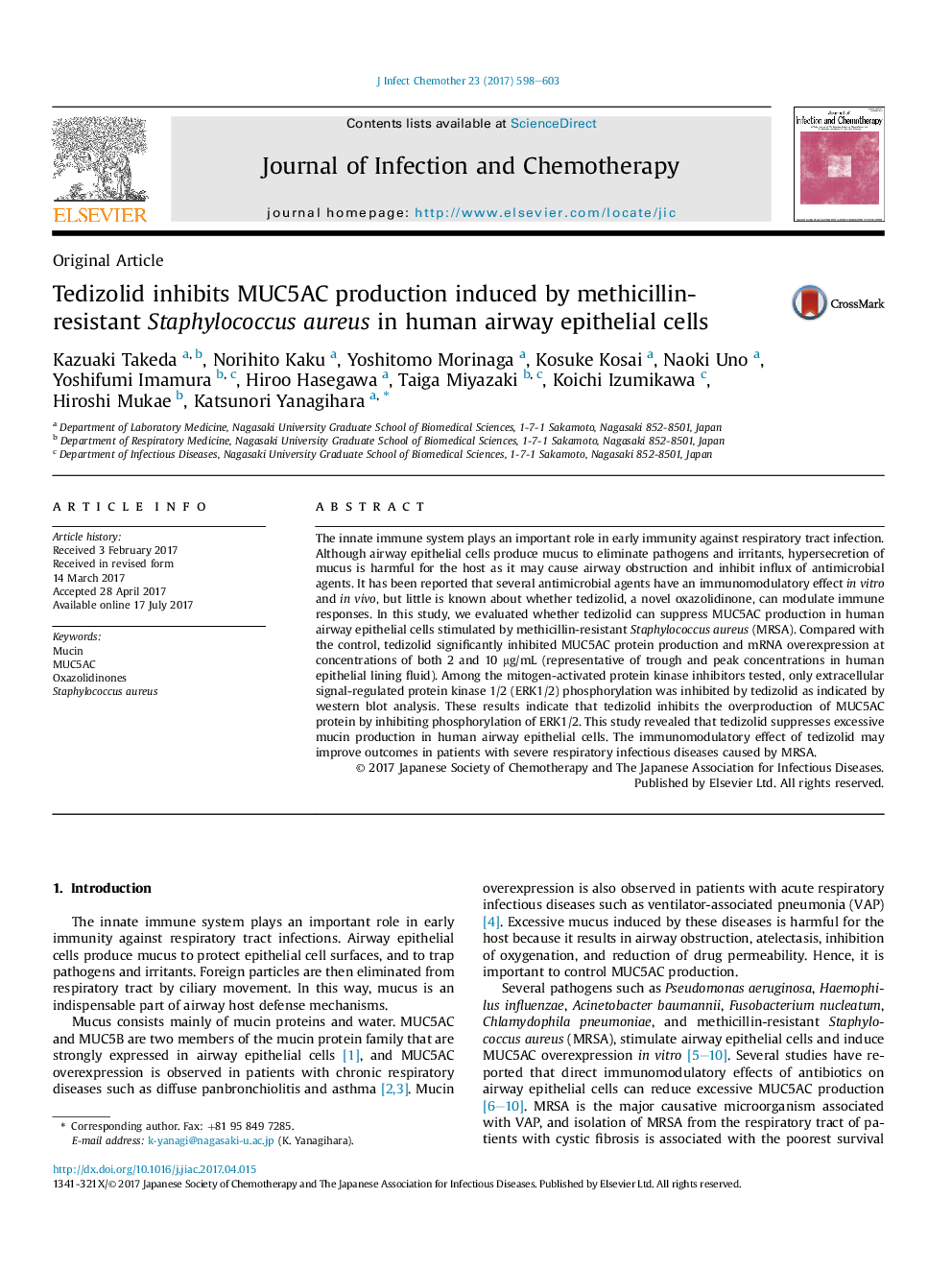 Tedizolid inhibits MUC5AC production induced by methicillin-resistant Staphylococcus aureus in human airway epithelial cells