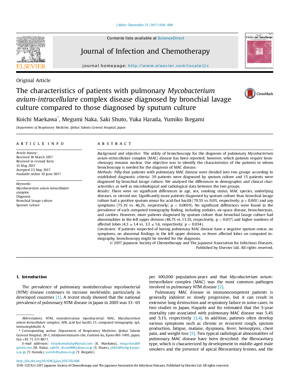 The characteristics of patients with pulmonary Mycobacterium avium-intracellulare complex disease diagnosed by bronchial lavage culture compared to those diagnosed by sputum culture