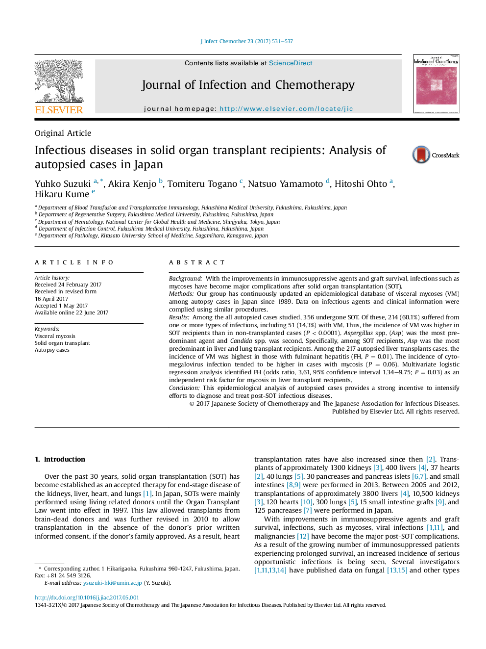 Infectious diseases in solid organ transplant recipients: Analysis of autopsied cases in Japan