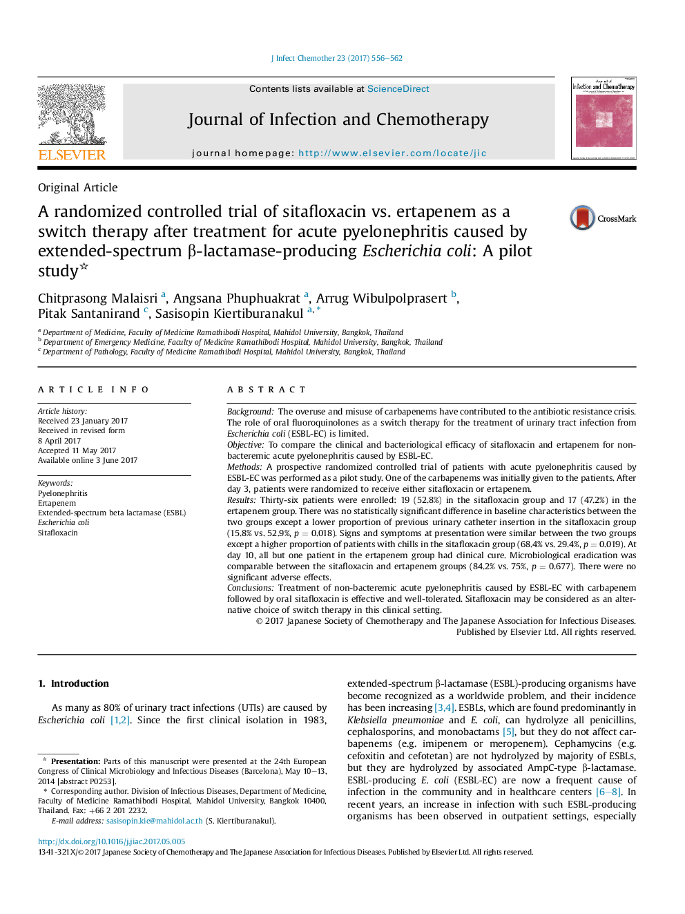 A randomized controlled trial of sitafloxacin vs. ertapenem as a switchÂ therapy after treatment for acute pyelonephritis caused by extended-spectrum Î²-lactamase-producing Escherichia coli: A pilot study