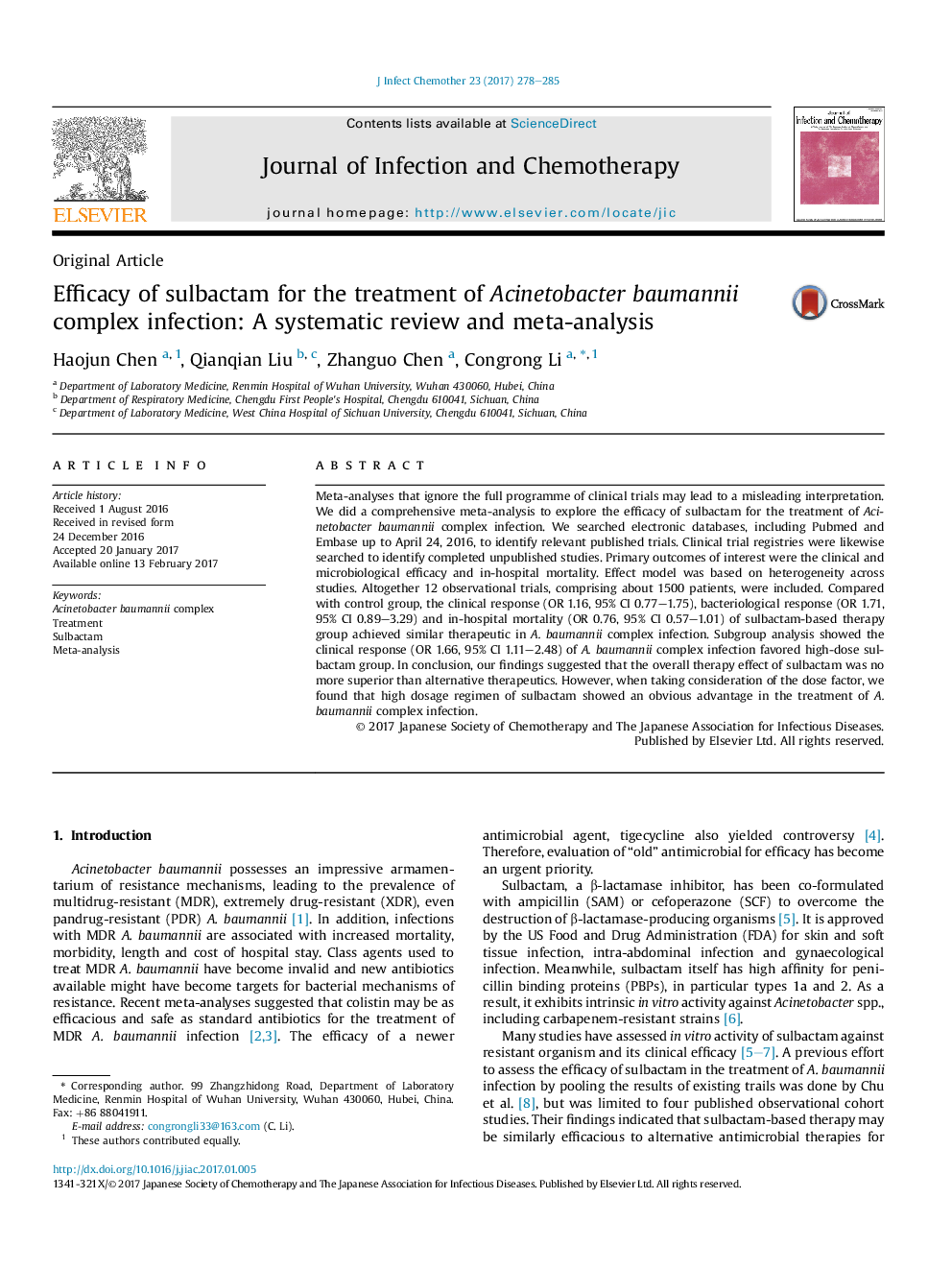 Efficacy of sulbactam for the treatment of Acinetobacter baumannii complex infection: A systematic review and meta-analysis