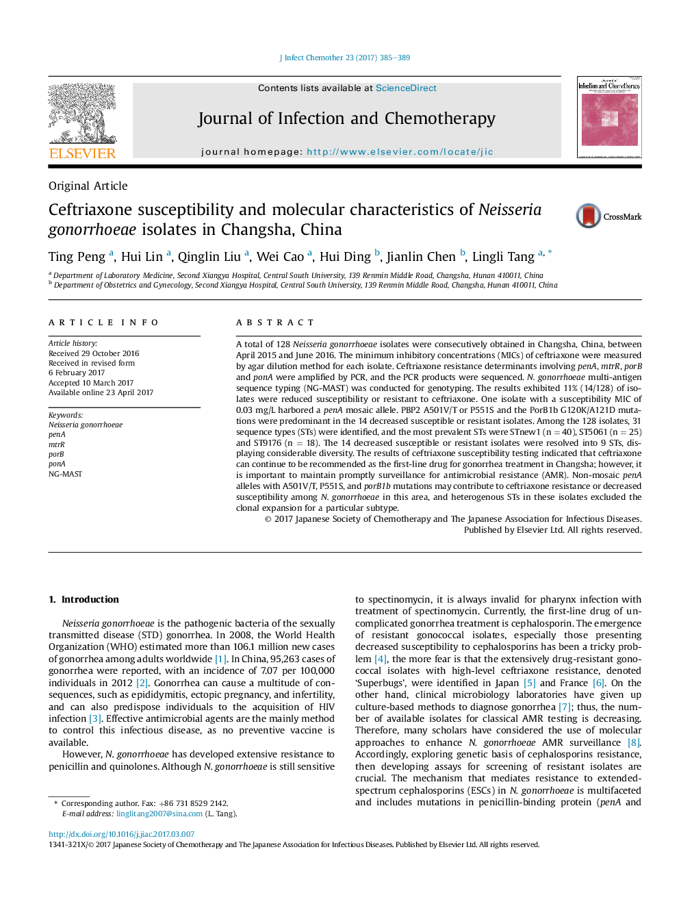 Ceftriaxone susceptibility and molecular characteristics of Neisseria gonorrhoeae isolates in Changsha, China