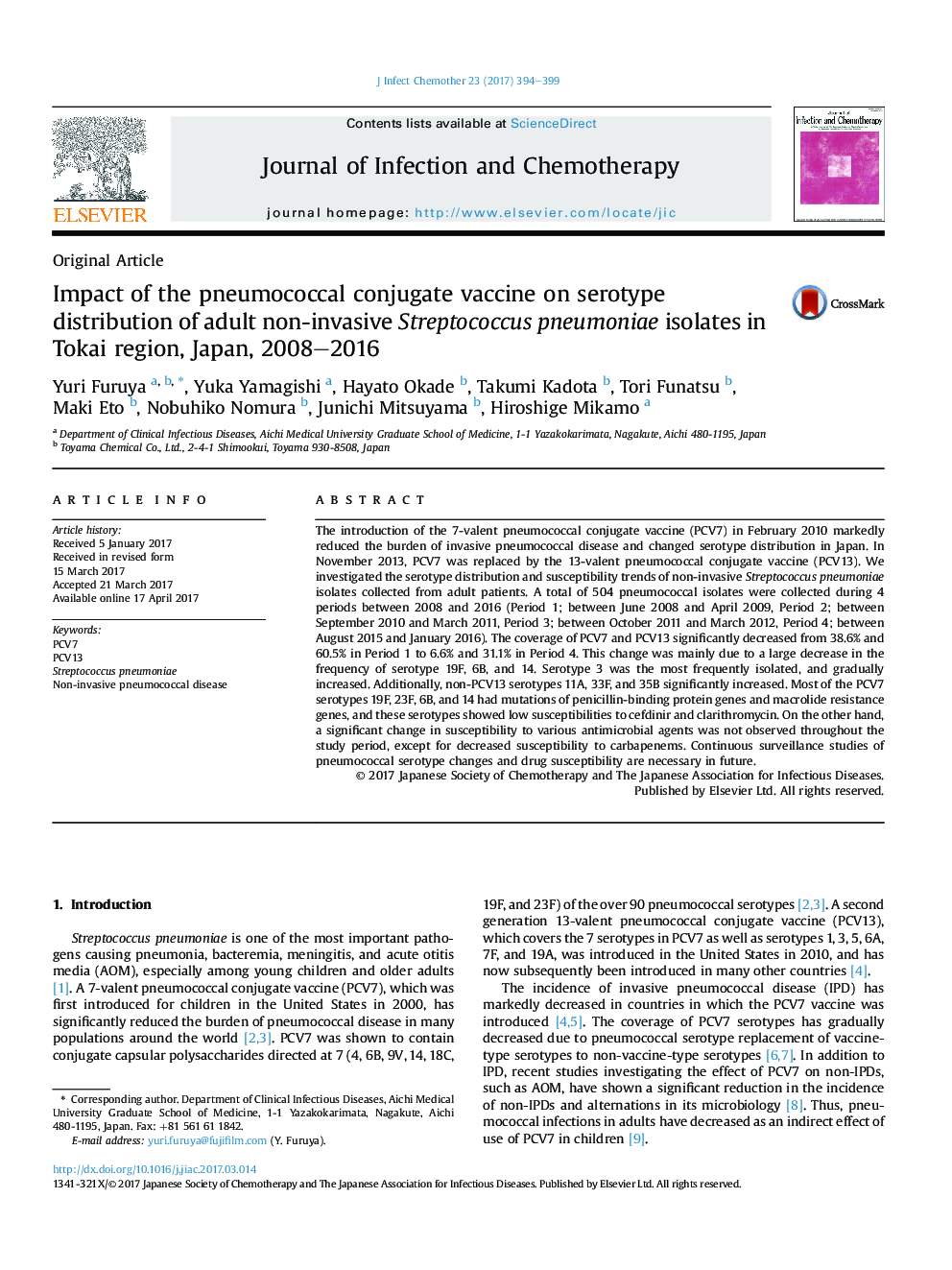 Impact of the pneumococcal conjugate vaccine on serotype distribution of adult non-invasive Streptococcus pneumoniae isolates in Tokai region, Japan, 2008-2016