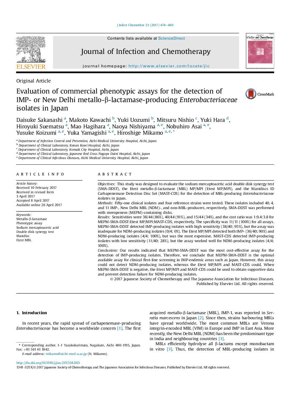 Evaluation of commercial phenotypic assays for the detection of IMP- or New Delhi metallo-Î²-lactamase-producing Enterobacteriaceae isolates in Japan