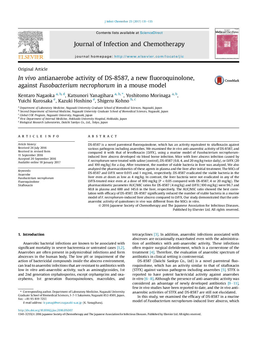 InÂ vivo antianaerobe activity of DS-8587, a new fluoroquinolone, against Fusobacterium necrophorum in a mouse model