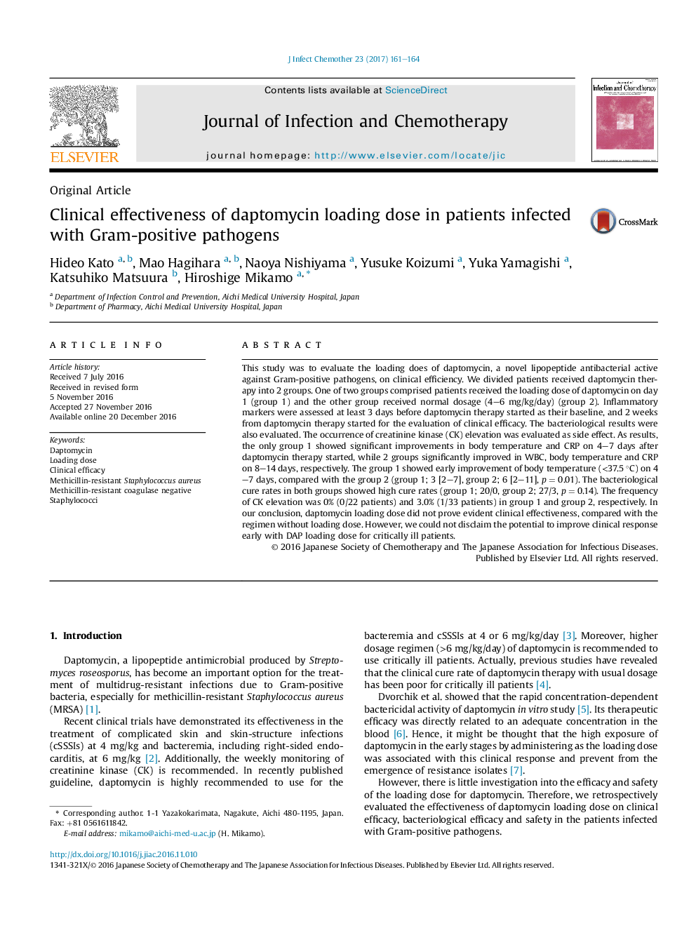 Clinical effectiveness of daptomycin loading dose in patients infected with Gram-positive pathogens