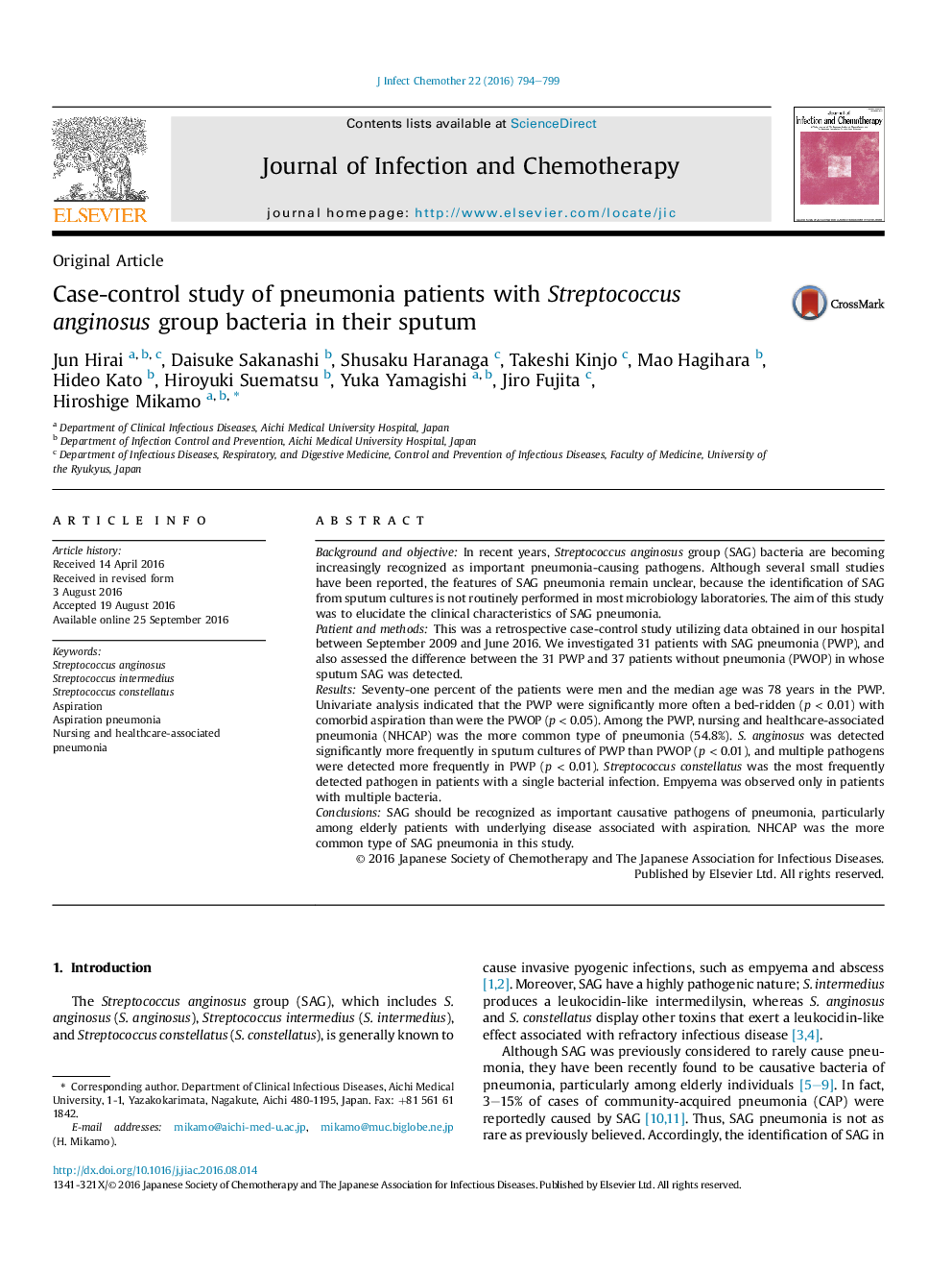 Case-control study of pneumonia patients with Streptococcus anginosus group bacteria in their sputum