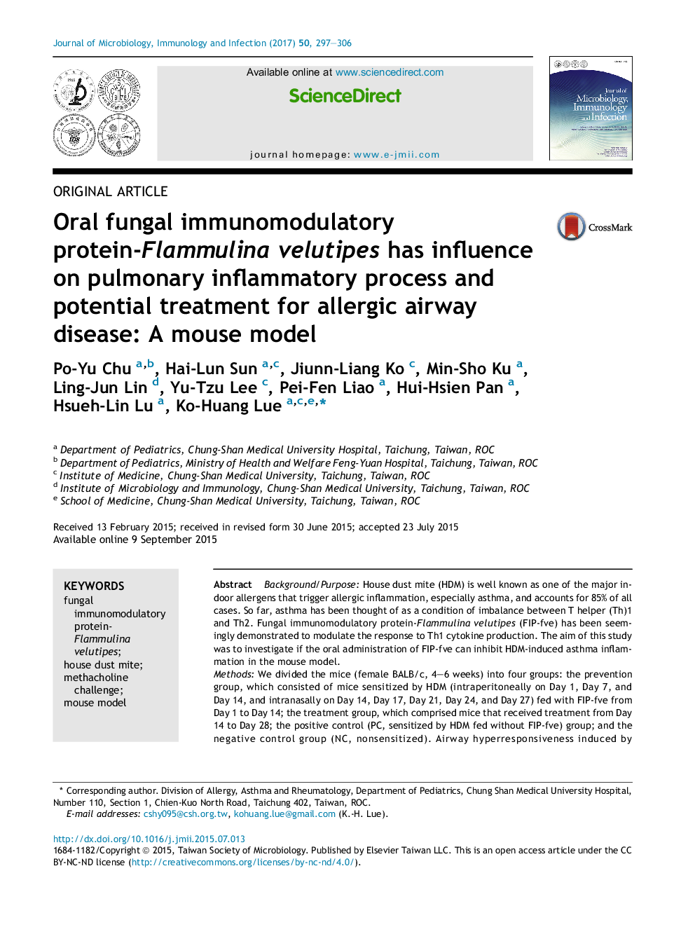 Oral fungal immunomodulatory protein-Flammulina velutipes has influence on pulmonary inflammatory process and potential treatment for allergic airway disease: A mouse model