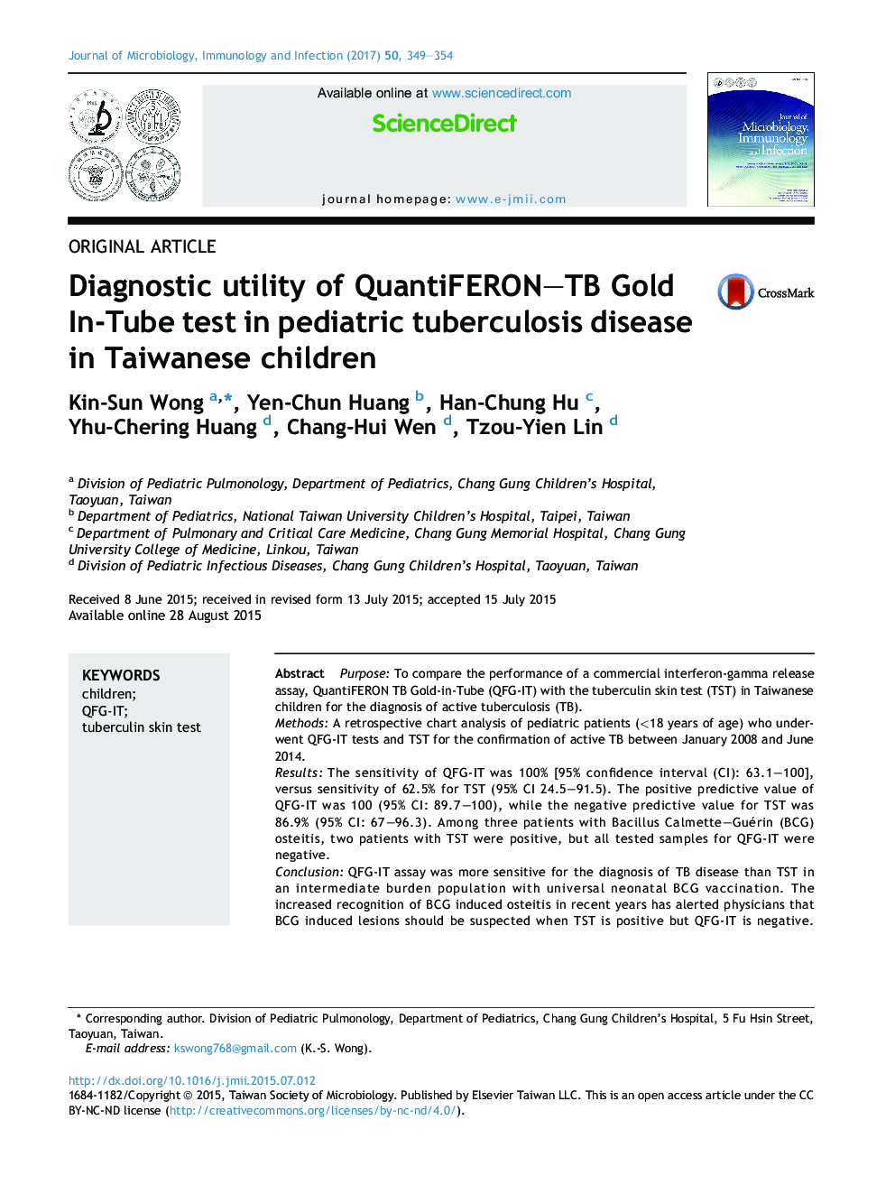 Diagnostic utility of QuantiFERON-TB Gold In-Tube test in pediatric tuberculosis disease in Taiwanese children