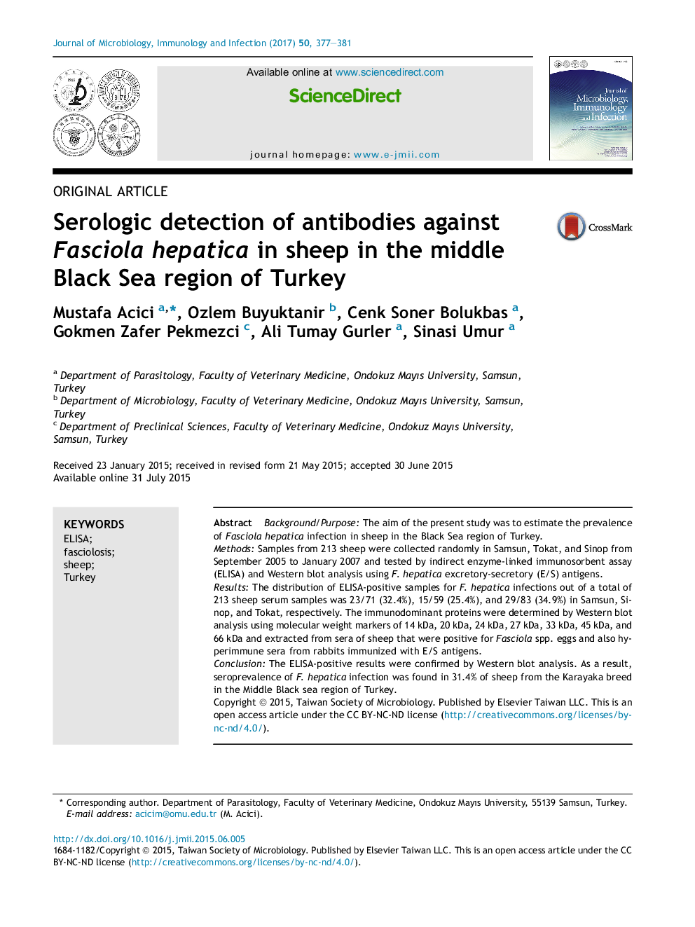 Serologic detection of antibodies against Fasciola hepatica in sheep in the middle Black Sea region of Turkey