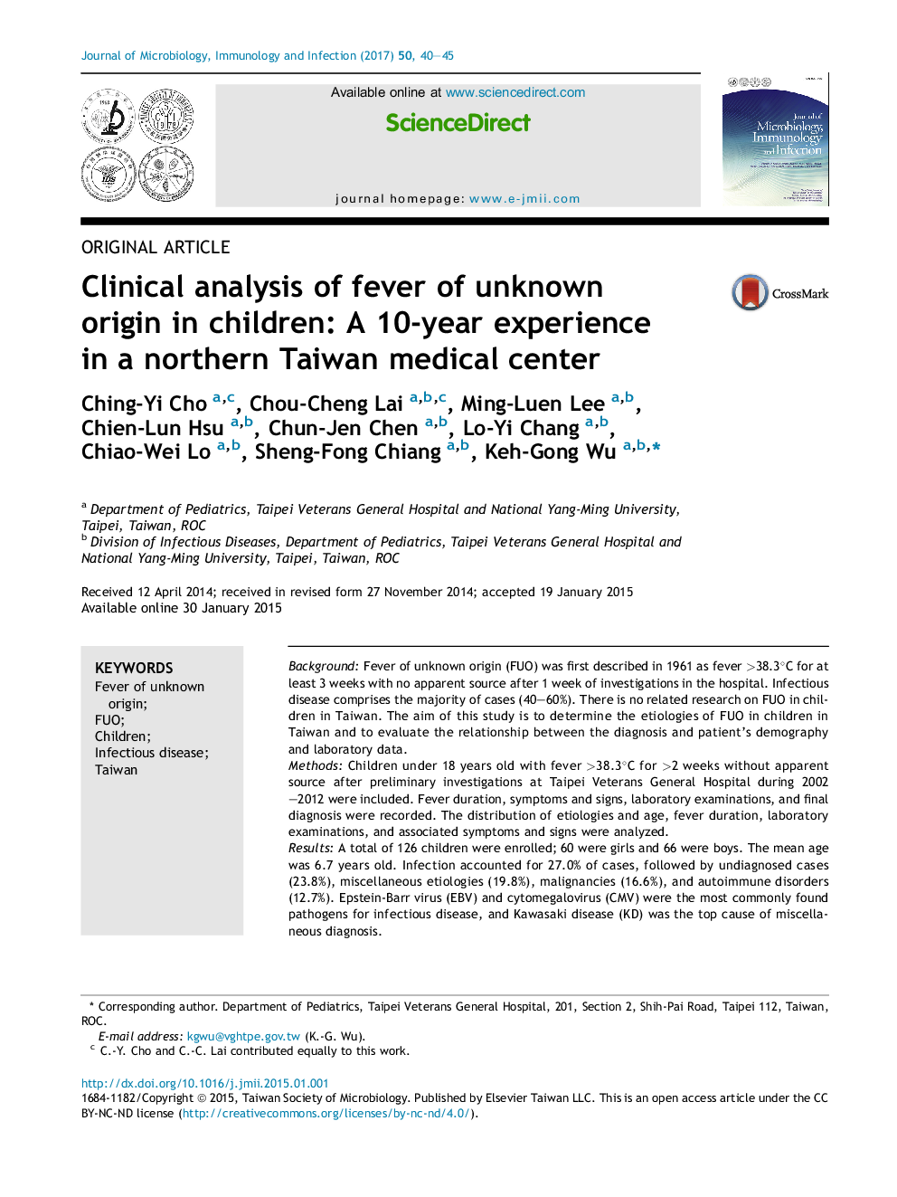 Clinical analysis of fever of unknown origin in children: A 10-year experience in a northern Taiwan medical center