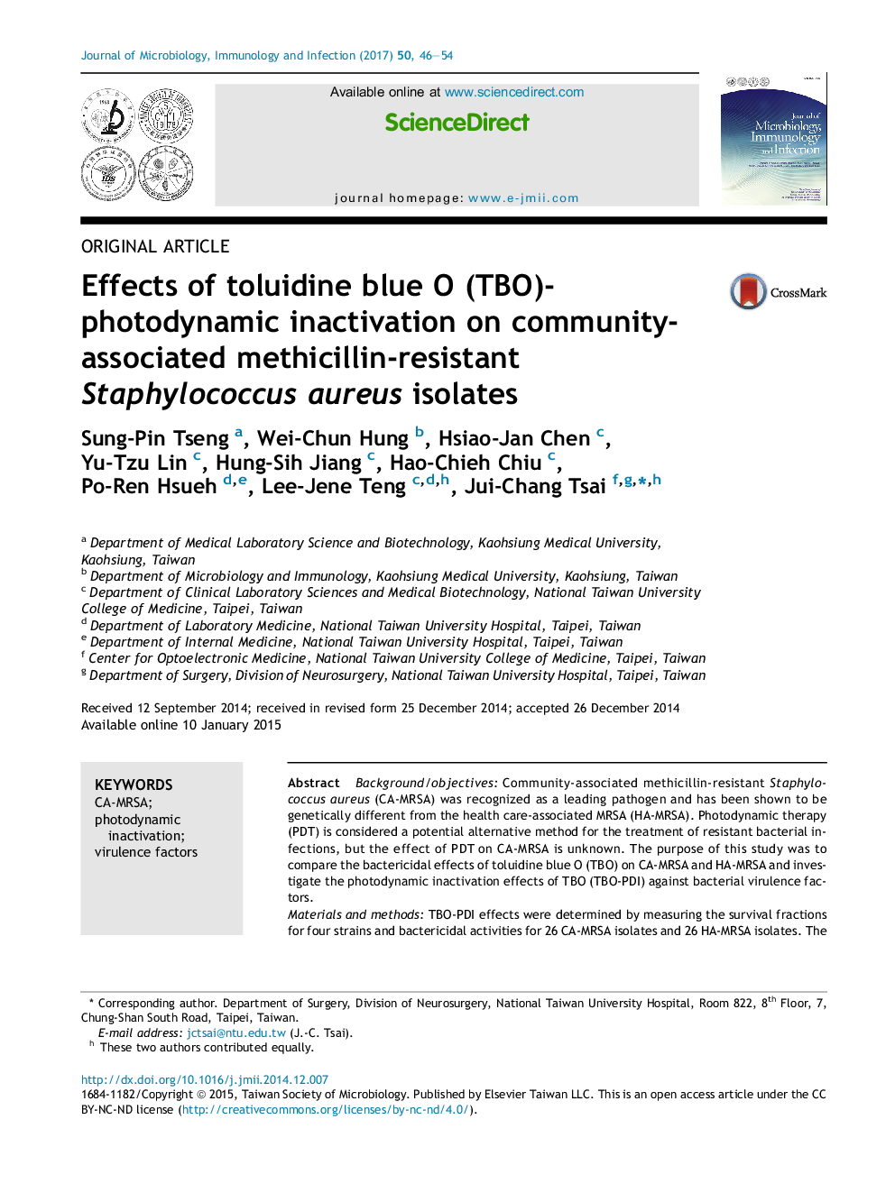 Effects of toluidine blue O (TBO)-photodynamic inactivation on community-associated methicillin-resistant Staphylococcus aureus isolates