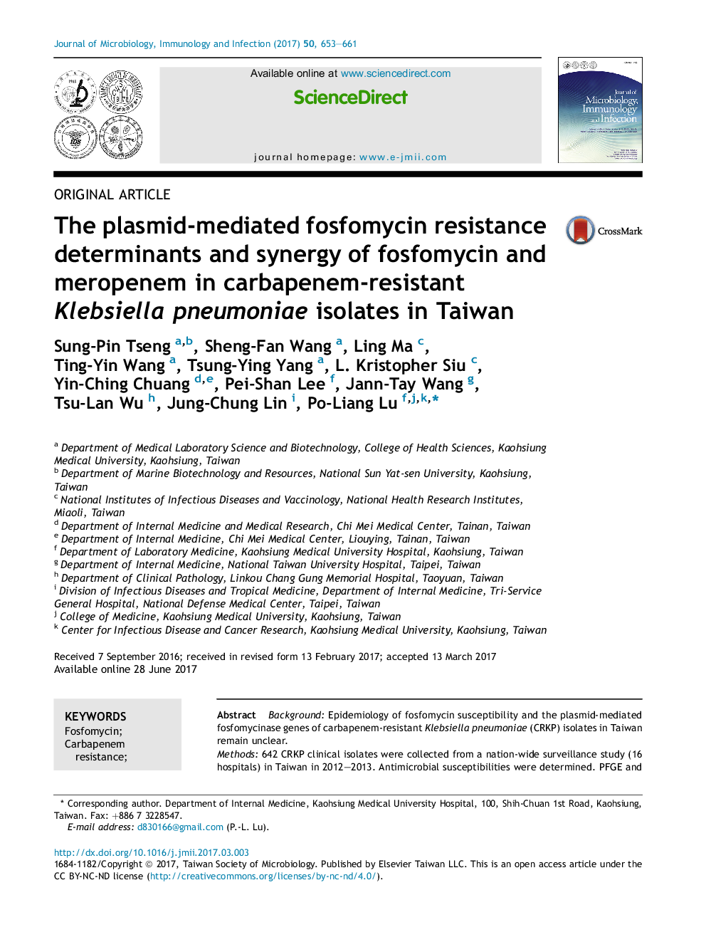 The plasmid-mediated fosfomycin resistance determinants and synergy of fosfomycin and meropenem in carbapenem-resistant Klebsiella pneumoniae isolates in Taiwan